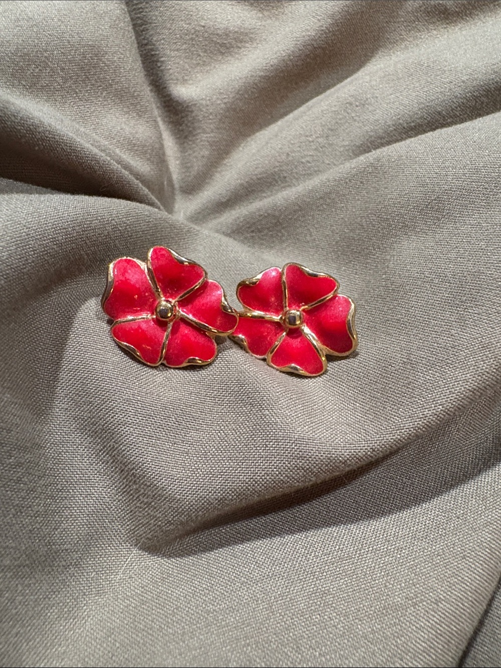 Sarah Coventry Red Enamel Flower Stud Earrings with Gold Trim
